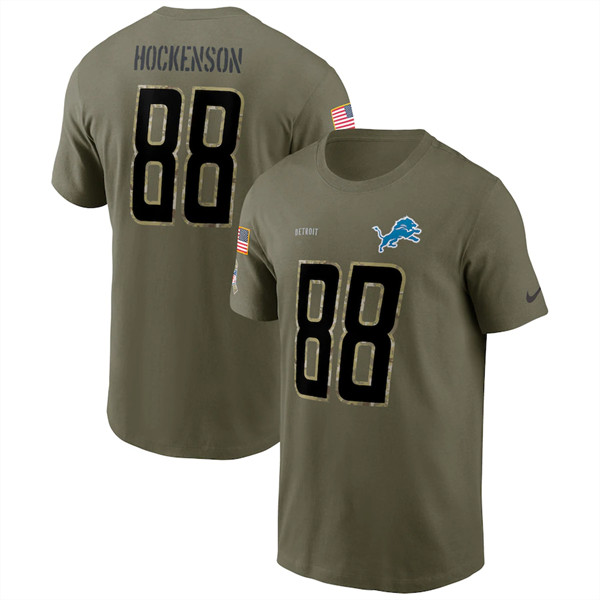 Men's Detroit Lions #88 T.J. Hockenson 2022 Olive Salute to Service T-Shirt - Click Image to Close